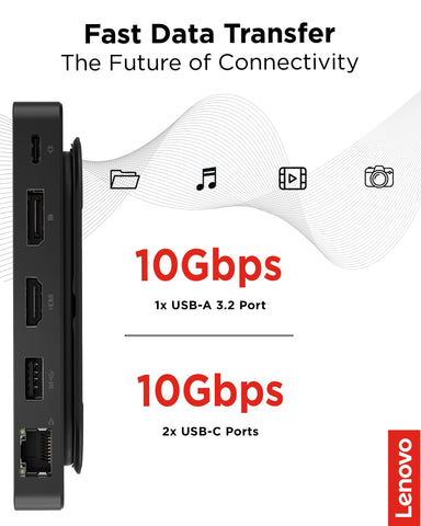 Lenovo USB-C Dual Display Travel Dock - 7 Ports, Integrated USB-C Cable, Universal Compatibility, Dual Displays at 4K - Black