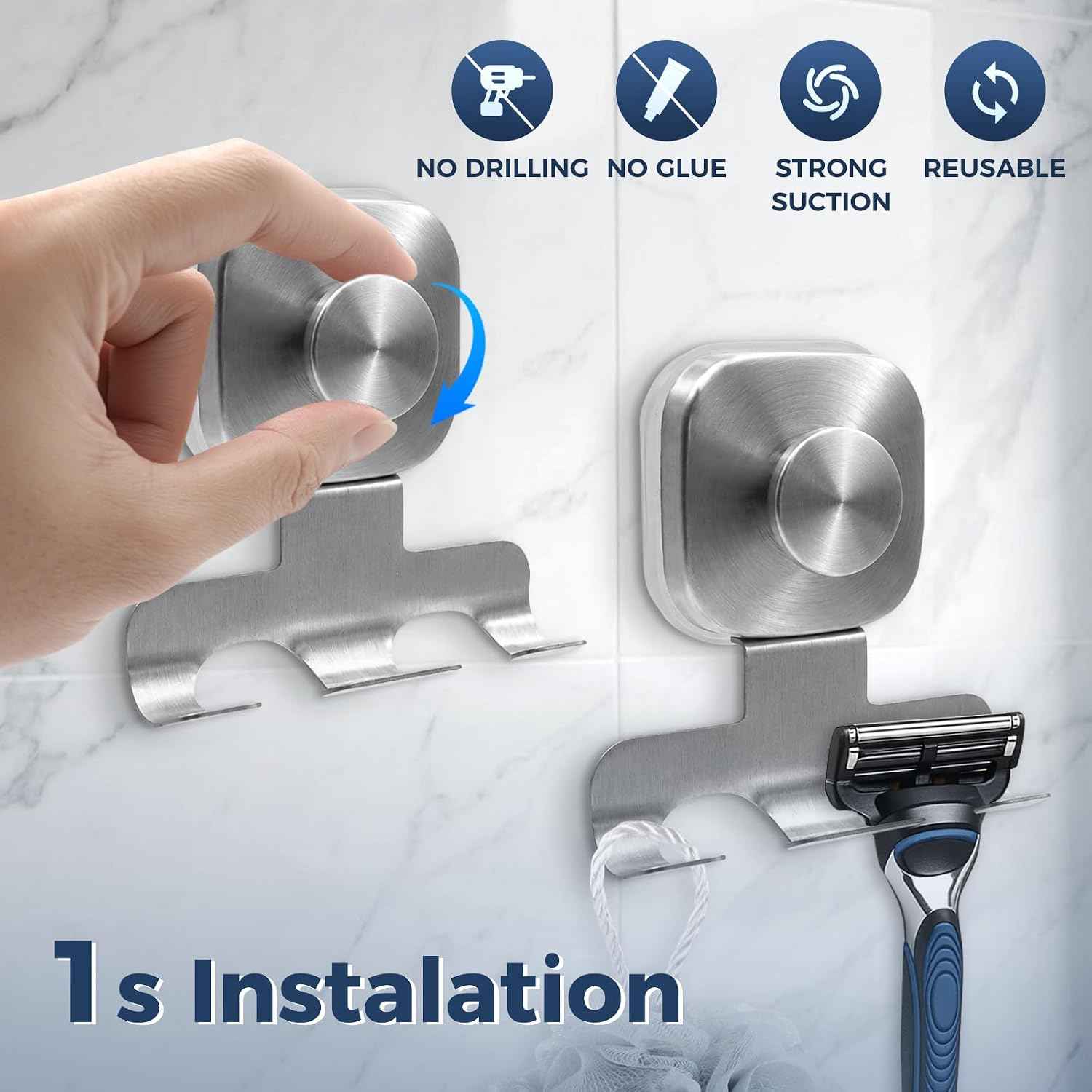 Square Suction Cup Razor Holder for Shower,Heavy-Duty 7KG Suction Hooks for Razor,Towel,Loofah,Removable Damage-Free Metal Shower Hook,Shaver Holder,2 Pack(Brushed Silver)