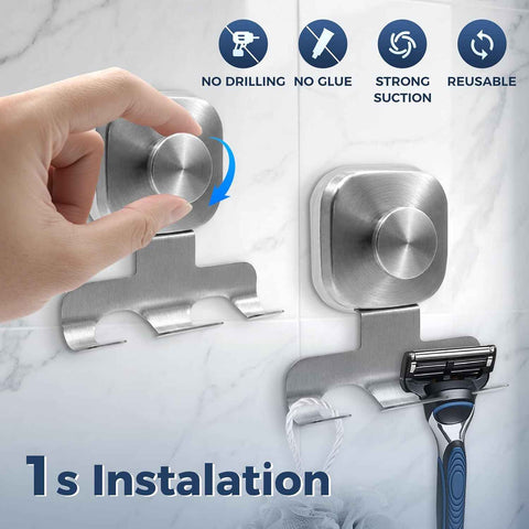 Square Suction Cup Razor Holder for Shower,Heavy-Duty 7KG Suction Hooks for Razor,Towel,Loofah,Removable Damage-Free Metal Shower Hook,Shaver Holder,2 Pack(Brushed Silver)