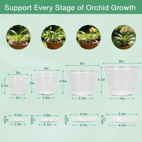 3/4/5/6 Inch Orchid Pot, 12 Pack Clear Orchid Pots with Holes, Saucer and Plant Stakes for Repotting, Plastic Plant Pot for Indoor & Outdoor Plants