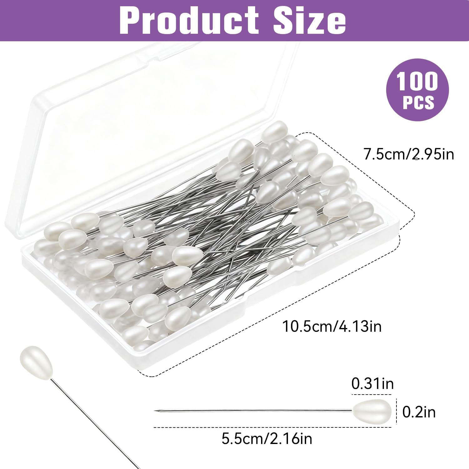 White Teardrop Corsage Pins, Pearl Pins, Boutonniere Pins for Women Wedding, Long Sewing Pins for Jewelry DIY, Bridal Bouquet & Floral Decoration, Sewing Crafts, Accessories (100 Pcs, 1 Box)