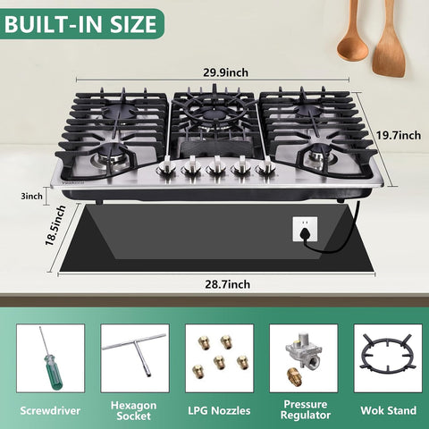 30 Inch Gas Cooktop, 5 Burners Stainless Steel Built-in Stovetop Propane/Natural Gas Convertible Stove Top Dual Fuel Cooktop