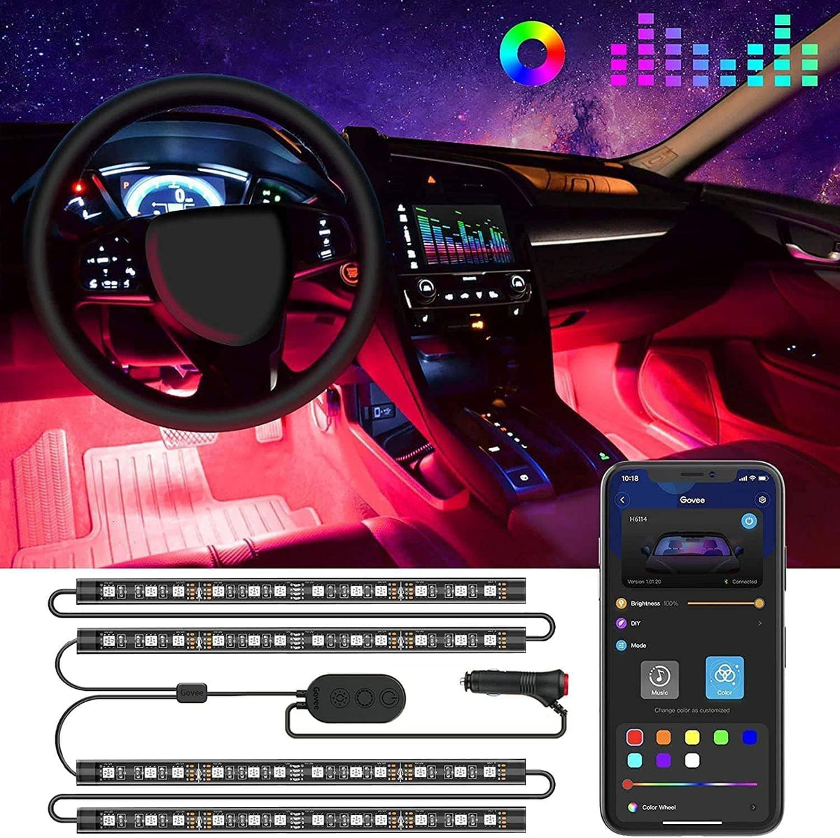 Govee Car LED Lights, RGB Smart Car Interior Lights, App Control