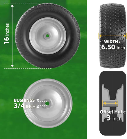 AR-PRO (2-Pack) 16x6.50-8 Flat-Free Tire and Wheel Assemblies, Relacement 16x6.5-8 Solid Turf Tire with Rim for Garden Tractor Riding Lawn Mowers, 3" Offset Hub and 3/4" Bushings