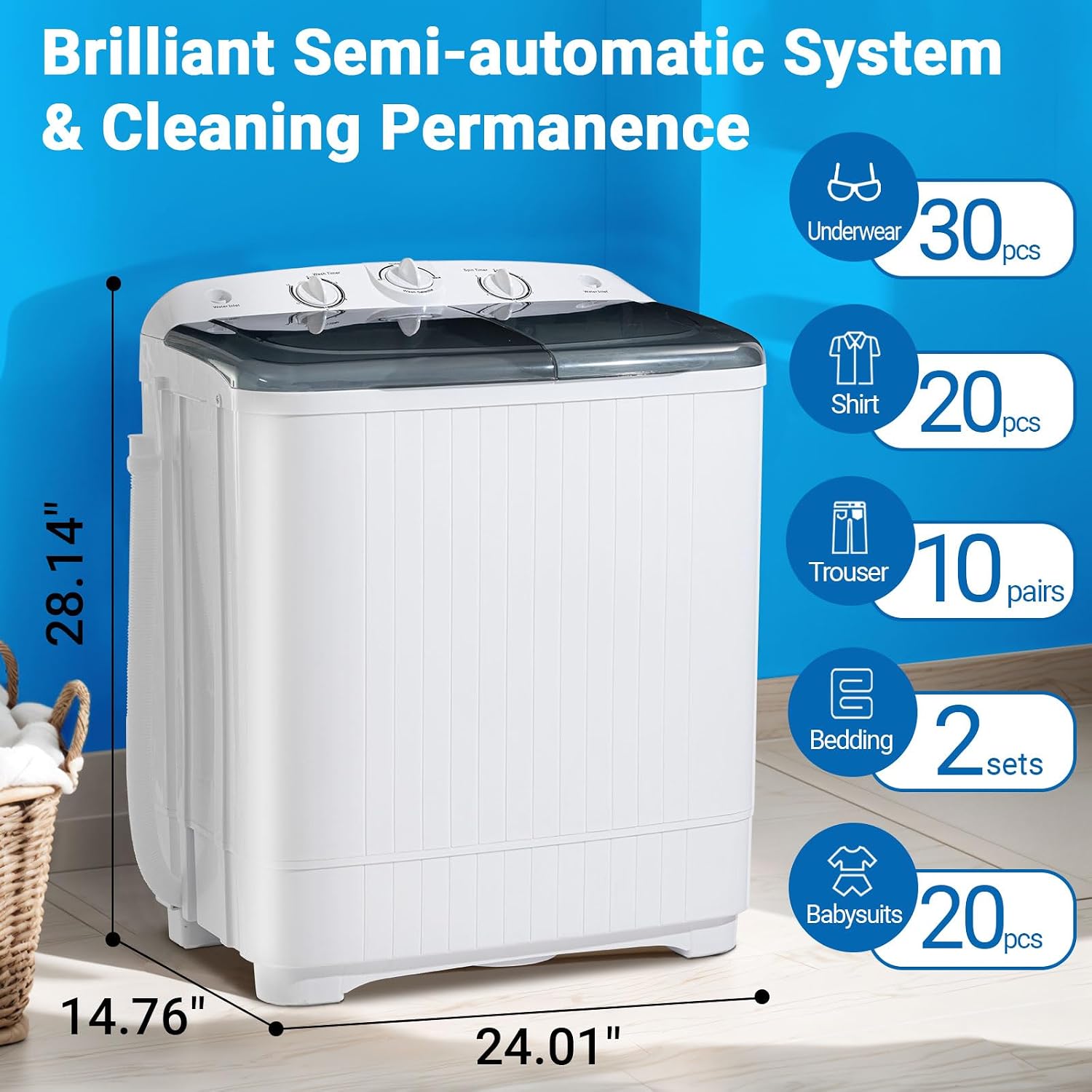Erivess Portable Washer and Dryer Combo Set, 1.8 Cu.Ft Portable Clothes Dryers with 5 Modes, 22 lbs Twin Tub Washing Machine, Compact Washer and Dryer for Apartment, RV, Dorm, Home