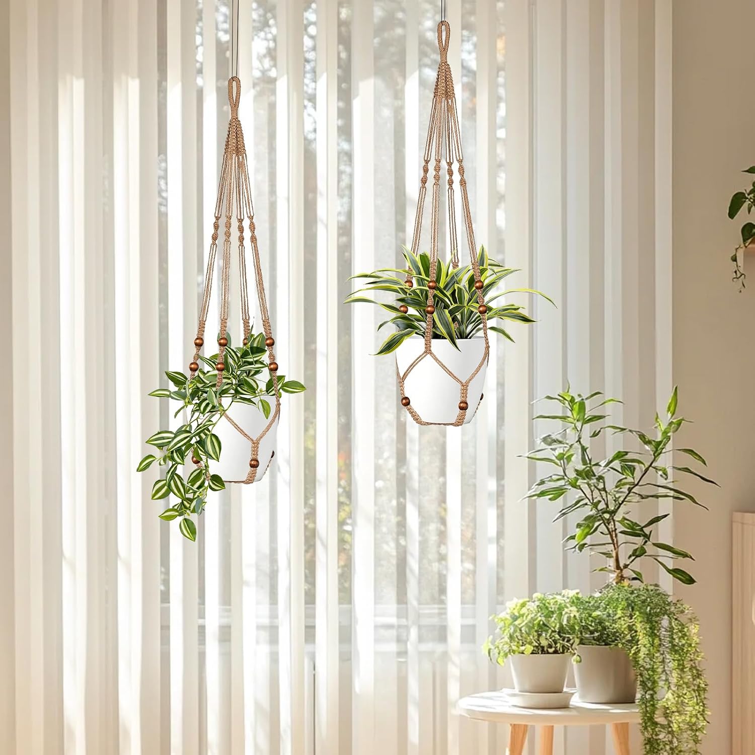 LEWESU Jute Macrame Plant Hanger Indoor Set of 4 Hanging Planter Basket Flower Pot Holder with Decorative Wood Beads & No Tassels for Indoor Outdoor Boho Home Decor, 35 Inch Brown (Pots Not Included)