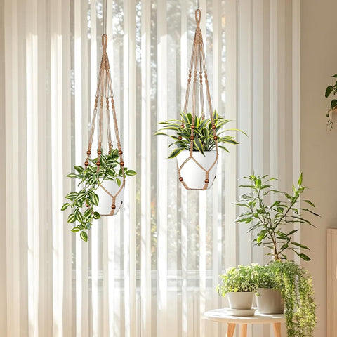 LEWESU Jute Macrame Plant Hanger Indoor Set of 4 Hanging Planter Basket Flower Pot Holder with Decorative Wood Beads & No Tassels for Indoor Outdoor Boho Home Decor, 35 Inch Brown (Pots Not Included)