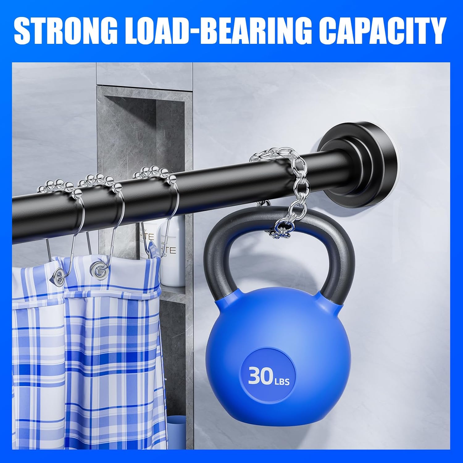 Ausemku Shower Curtain Rod Tension - 32-80 Inch Never Rust Non-Slip Spring Tension Curtain Rod No Drilling Stainless Steel Curtain Rod Use Bathroom Kitchen（Black）