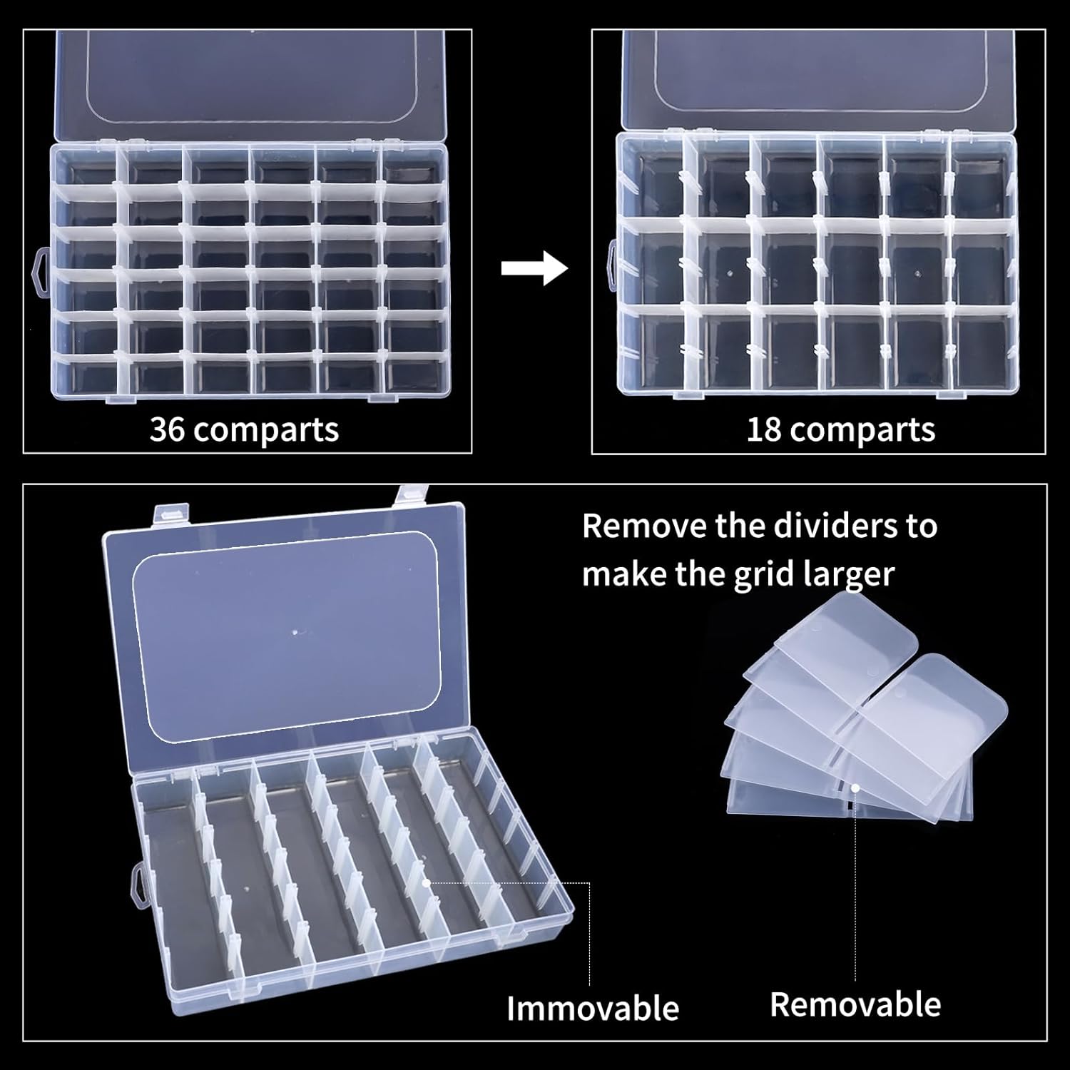 Bead Organizer Storage 2 Pack 36 Grid Jewelry Tackle Craft Box Adjustable