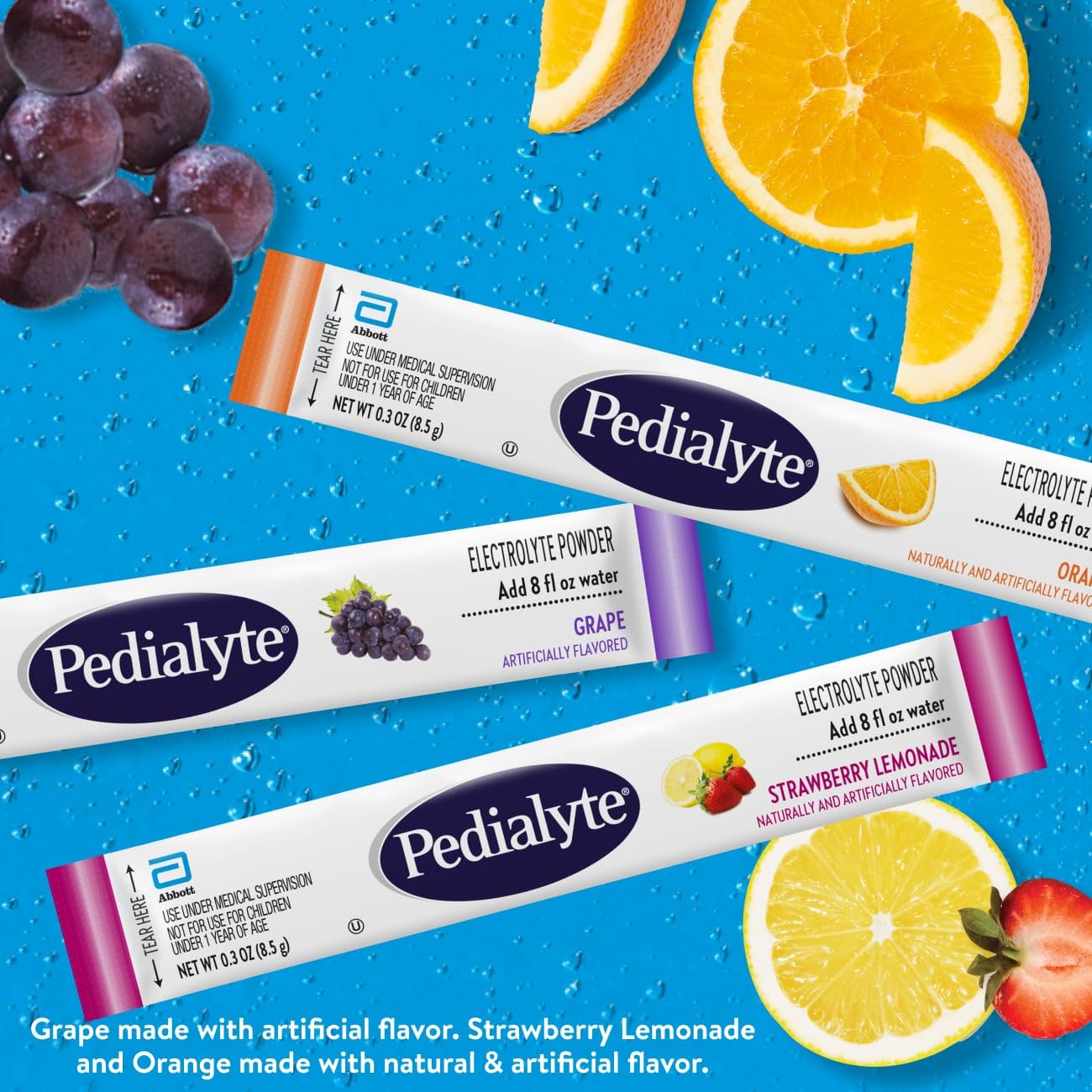Pedialyte Electrolyte Powder | Hydration Drink for Kids & Adults | Variety Pack: Grape, Strawberry Lemonade, and Orange, 24 Powder Packets