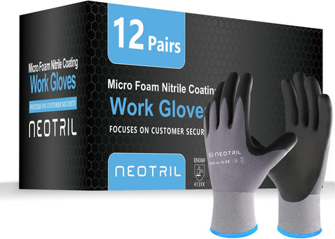NEOTRIL Safety Work Gloves MicroFoam Nitrile Coated-3/6/12/36 Pairs,Breathable Nylon Working Gloves for Men Women