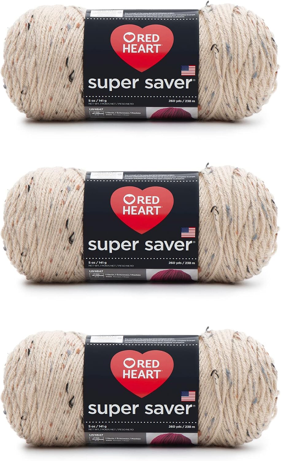 Red Heart Super Saver Yarn, 3 Pack, Buff Fleck 3 Count