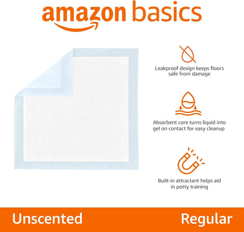 Amazon Basics Leak-Proof Dog and Puppy Potty Training Pee Pads with Quick-Dry 5-Layer Super Absorbent Design, Regular Size 22 x 22 inch, Blue & White, 100 Count