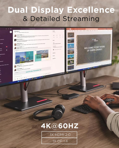 Lenovo USB-C Dual Display Travel Dock - 7 Ports, Integrated USB-C Cable, Universal Compatibility, Dual Displays at 4K - Black