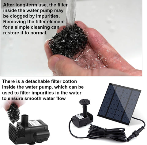 Solar Fountain Pump Kit with Separate Solar Panel, 1.8 W Upgraded Solar Water Pump with 9.84FT Cable & 4 Nozzles Solar Water Fountain for Bird Bath,Pond, Patio Garden Water Pump with Built-in Filter