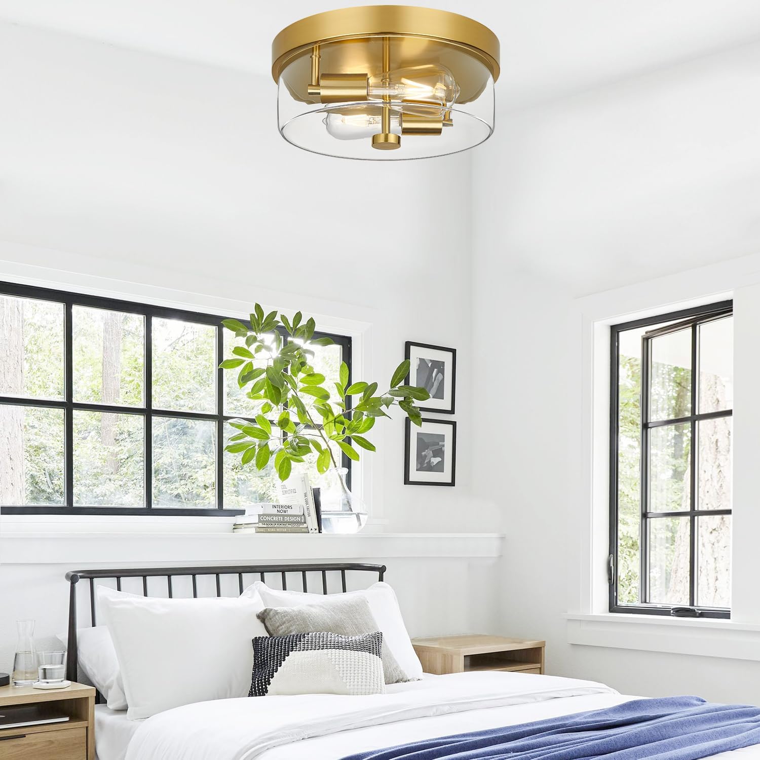 szzgco Flush Mount Ceiling Light Fixtures, 2-Light Gold Ceiling Mount for Farmhouse with Clear Glass Lampshade, Industrial Flush Mount Light Fixture Farmhouse for Hallway, Kitchen, Entryway and Foyer