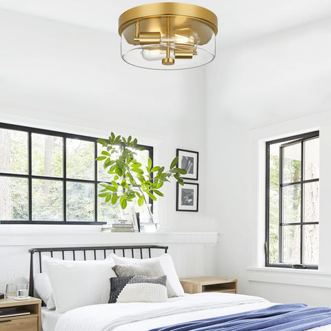 szzgco Flush Mount Ceiling Light Fixtures, 2-Light Gold Ceiling Mount for Farmhouse with Clear Glass Lampshade, Industrial Flush Mount Light Fixture Farmhouse for Hallway, Kitchen, Entryway and Foyer