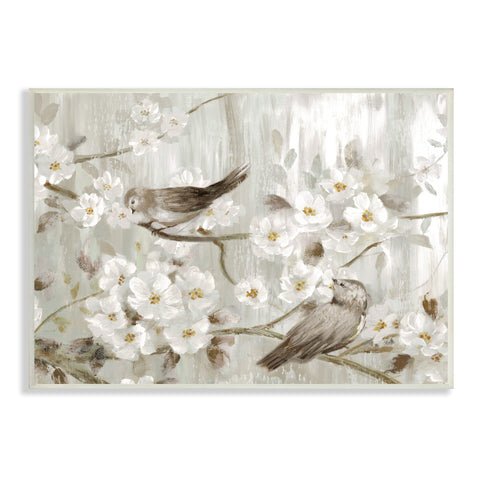 Stupell Industries Birds on Spring Blossom Tree Branches Farmhouse Painting, Designed by Nan Wall Plaque, 15 x 10, Grey