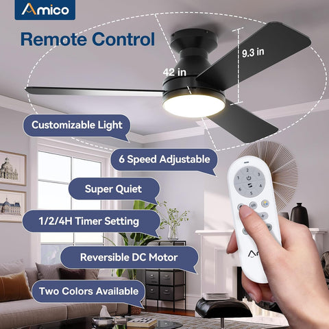 Amico 42 Inch Black Low Profile Ceiling Fans with Lights and Remote