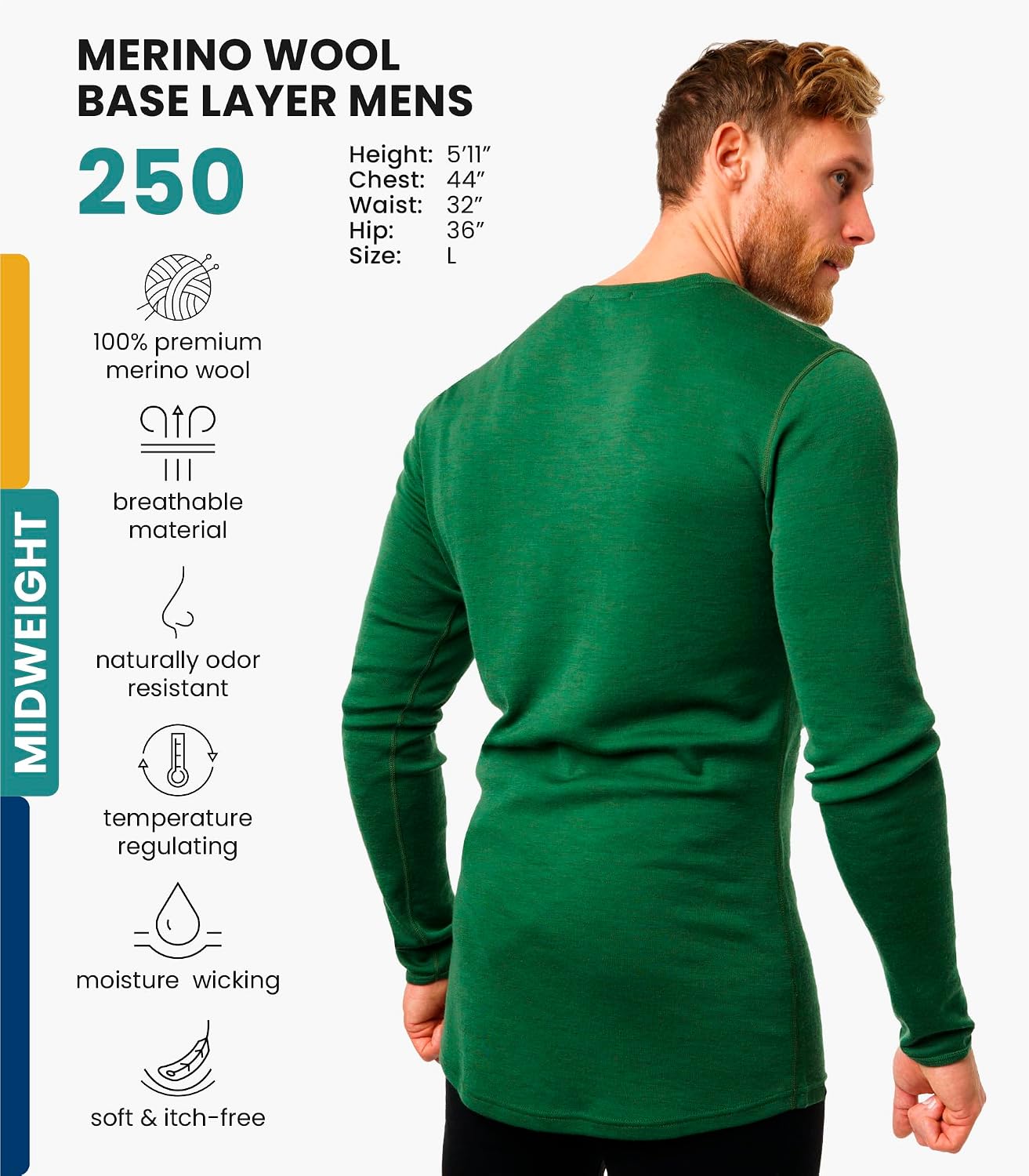 100% Merino Wool Base Layer Mens - Long Sleeve Thermal Shirts with Socks