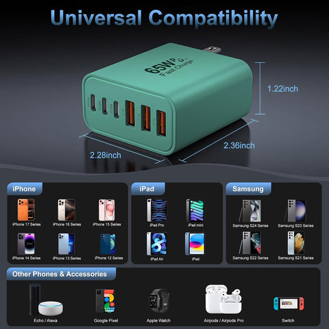 65W USB C Charger Block,6-Port Multi Device Fast Charger PD QC Wall Adapter