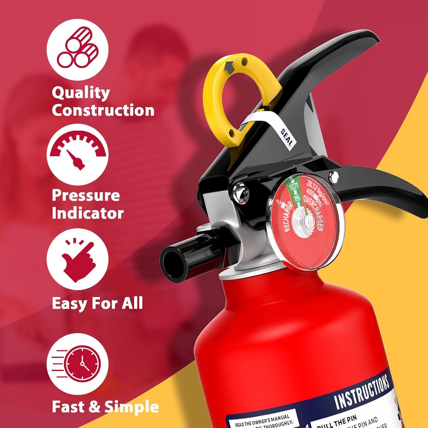 Ougist ABC Fire Extinguisher for Home & Vehicle - 2.5 lb 1-A:10-B:C Rated, Dry Chemical Fire Safety with Quick-Release Handle, Certified for Kitchen/Car/Boat Use-Model FF1KG