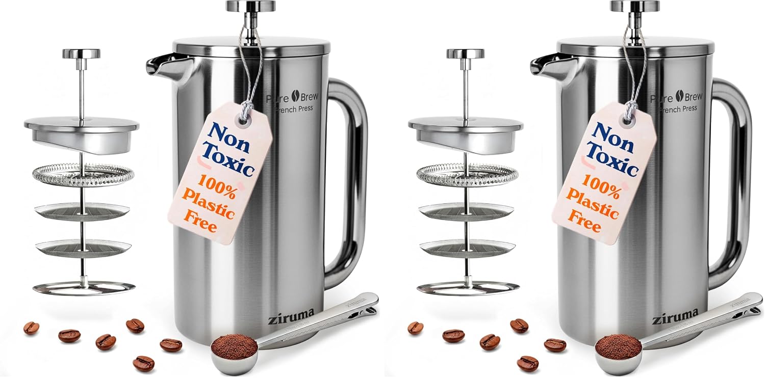 Ziruma Non-Toxic Stainless Steel French Press, No Plastic or Heavy Metals, 34 oz (Pack of 2)