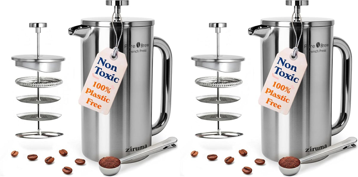 Ziruma Non-Toxic Stainless Steel French Press, No Plastic or Heavy Metals, 34 oz (Pack of 2)