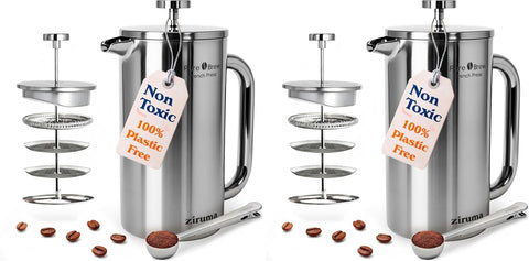 Ziruma Non-Toxic Stainless Steel French Press, No Plastic or Heavy Metals, 34 oz (Pack of 2)