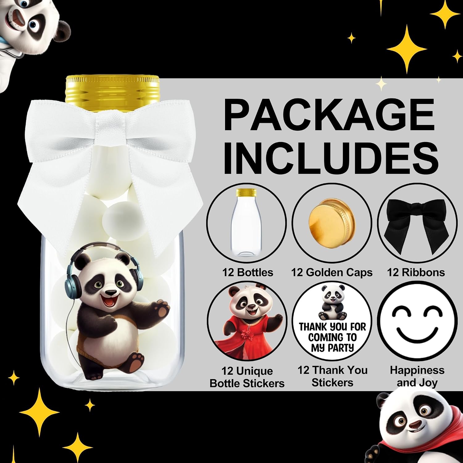 Ethisa Small 12 Pack Panda Party Favors - DIY Candy Jars with Ribbons and Stickers - Party Decoration Bottles for Birthday and Baby Shower - Panda Table Centerpieces