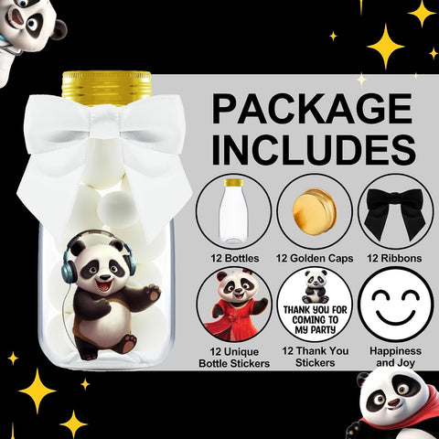 Ethisa Small 12 Pack Panda Party Favors - DIY Candy Jars with Ribbons and Stickers - Party Decoration Bottles for Birthday and Baby Shower - Panda Table Centerpieces
