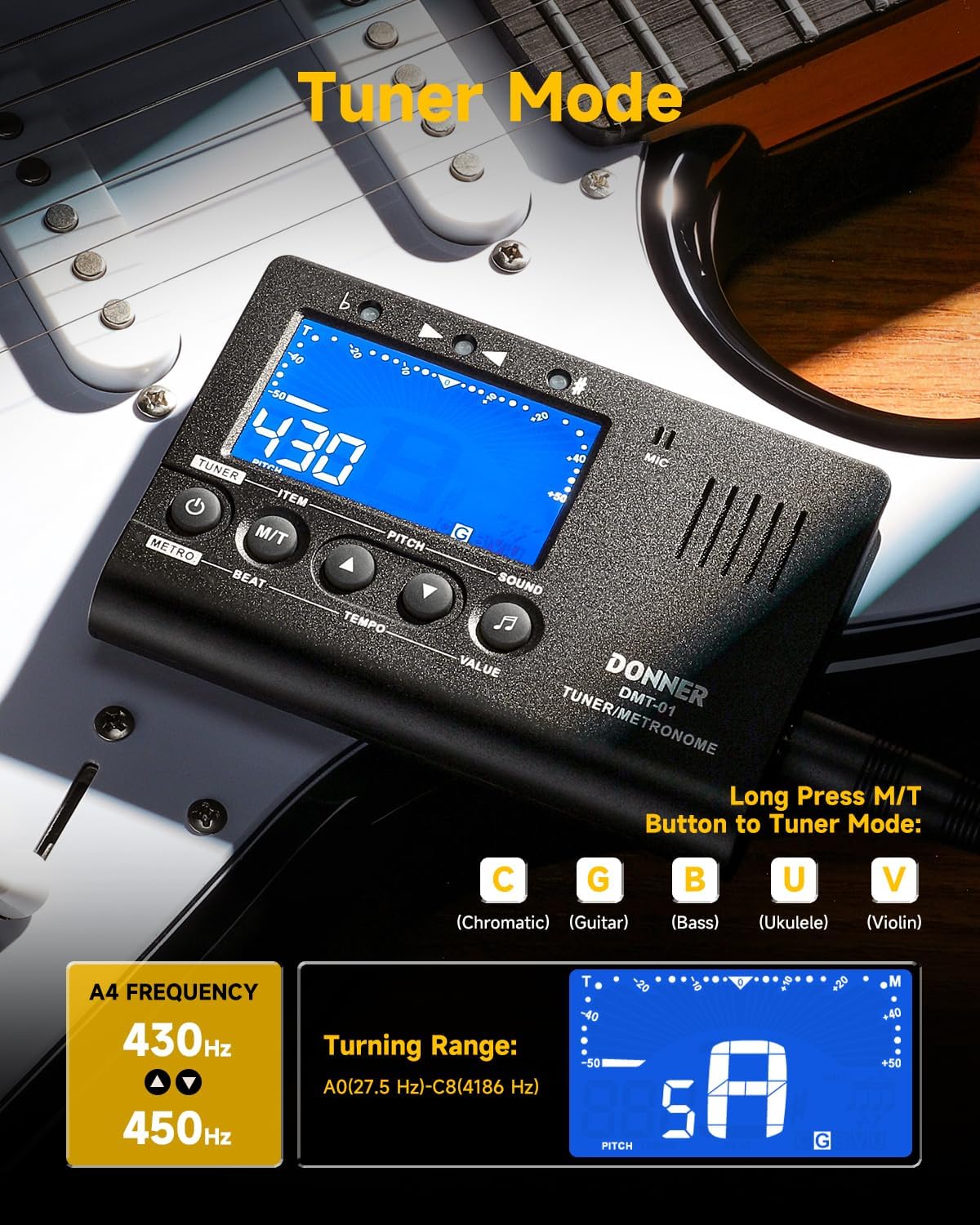 Donner Metronome Tuner for All Instruments - Guitar, Bass, Violin, Ukulele, Trumpet, Chromatic, Clarinet, Flute, 3 in 1 Digital Metronome with Tuner/Metronome/Tone Generator, DMT-01