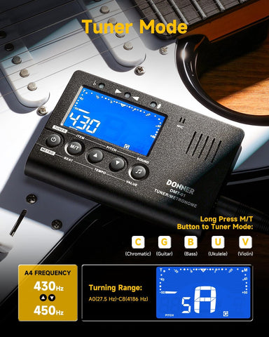 Donner Metronome Tuner for All Instruments - Guitar, Bass, Violin, Ukulele, Trumpet, Chromatic, Clarinet, Flute, 3 in 1 Digital Metronome with Tuner/Metronome/Tone Generator, DMT-01