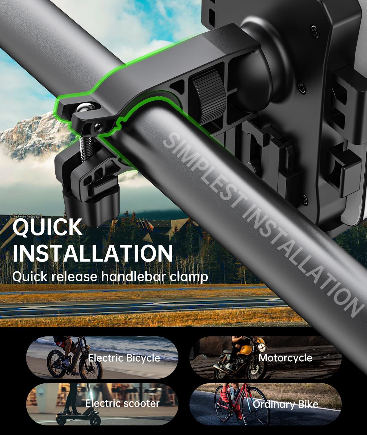 Bike Phone Holder Mount, Secure Handlebar Phone Mount Holder for Bike and Motorcycle, Suitable for iPhone and 4.5-6.8" Smartphones, Black