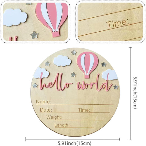 Baby Announcement Sign, 5.9 Inch Wooden Hello World Newborn Signs, Birth Announcement Sign and Pen, Hot Air Balloon and White Cloud Decoration, Welcome Newborn Arrival to World (Pink)