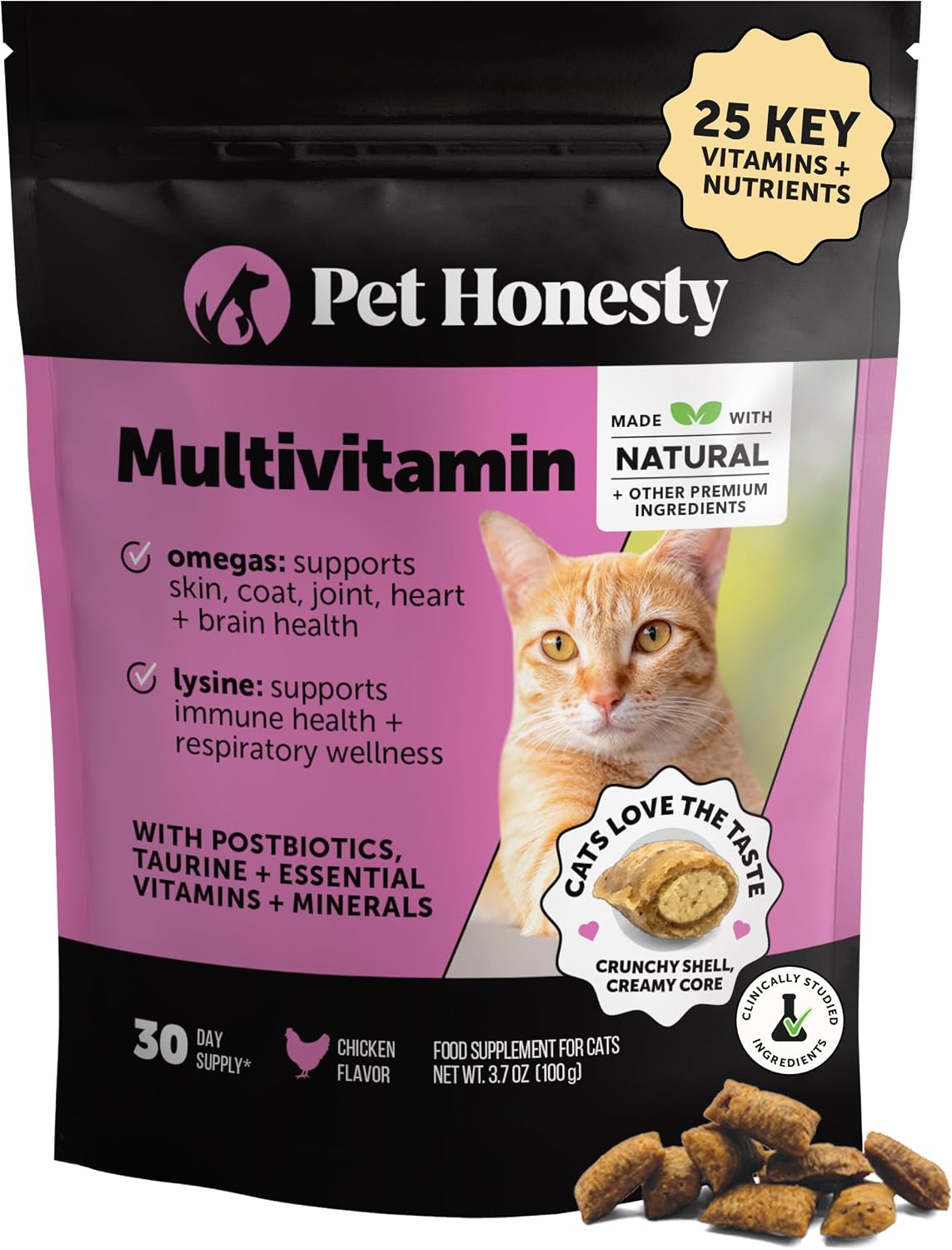 Cat Multivitamin Crunchy Creamy Chews - Daily Cat Vitamins with Lysine, Prebiotics, Omega 3 Fish Oil - Cat Treats for Immune Support, Skin Coat, Digestion, Heart + Joint Health (30-Day Supply)