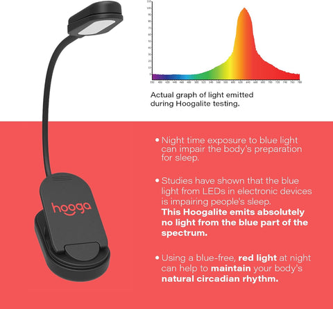 hooga Red Book Light, Rechargeable Clip On 625nm LED Light for Reading in Bed. No Blue Light Emitted, Eye Care Light for Strain-Free, Healthy Eyes. Gift for Students, Kids, Travel, Nursing, Studying.