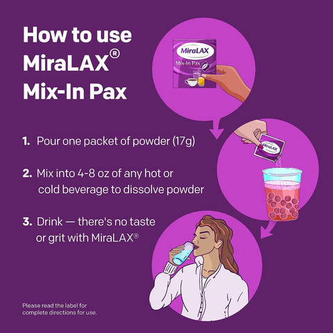 MiraLAX Gentle Constipation Relief Laxative Powder, Stool Softener with PEG 3350, No Harsh Side Effects, 1 Doctor & OBGYN Recommended, Single Dose Mix-in Pax, Travel Pack, 24 Dose