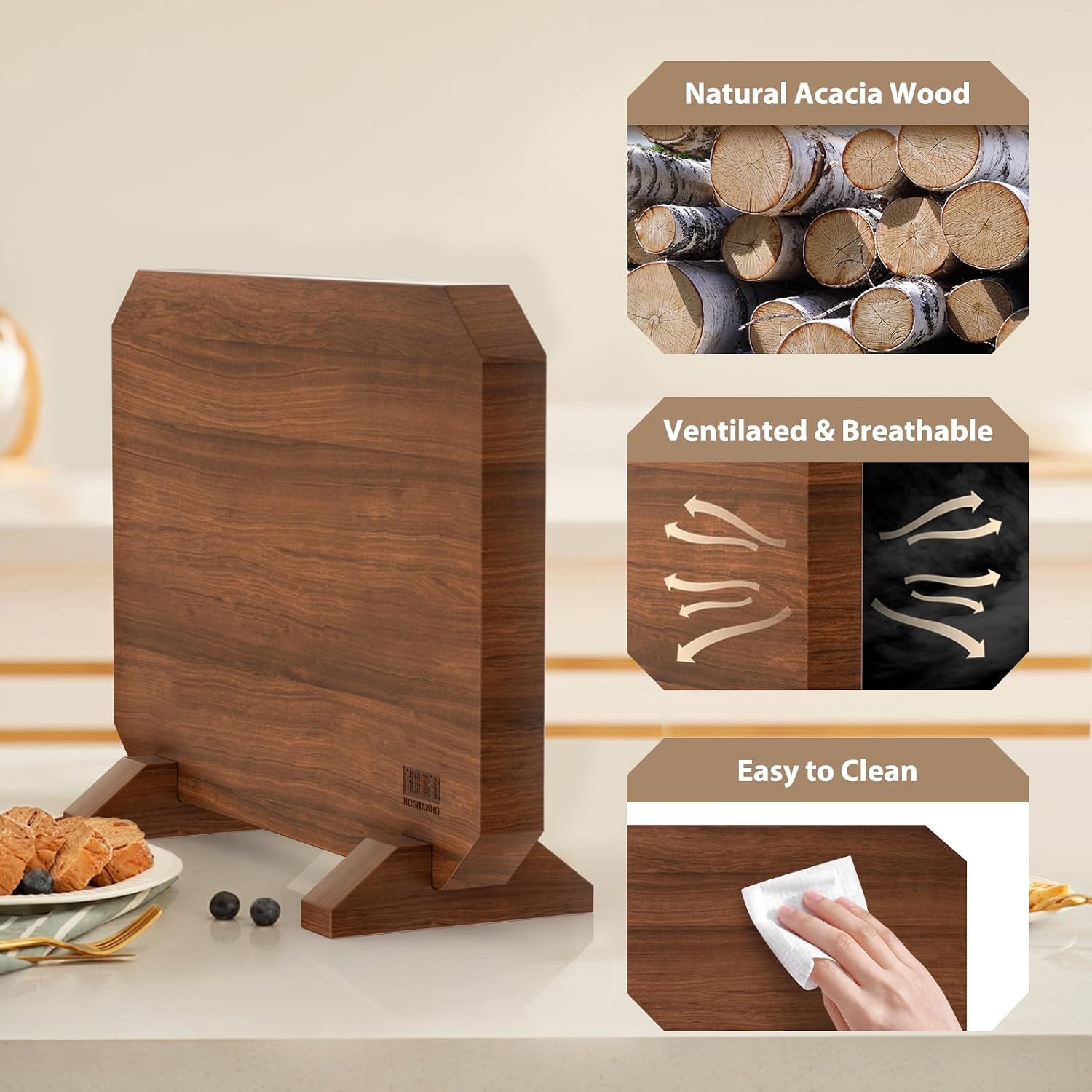 HOSHANHO Magnetic Knife Block, Thickened Acacia Wood Kitchen Knife Holder