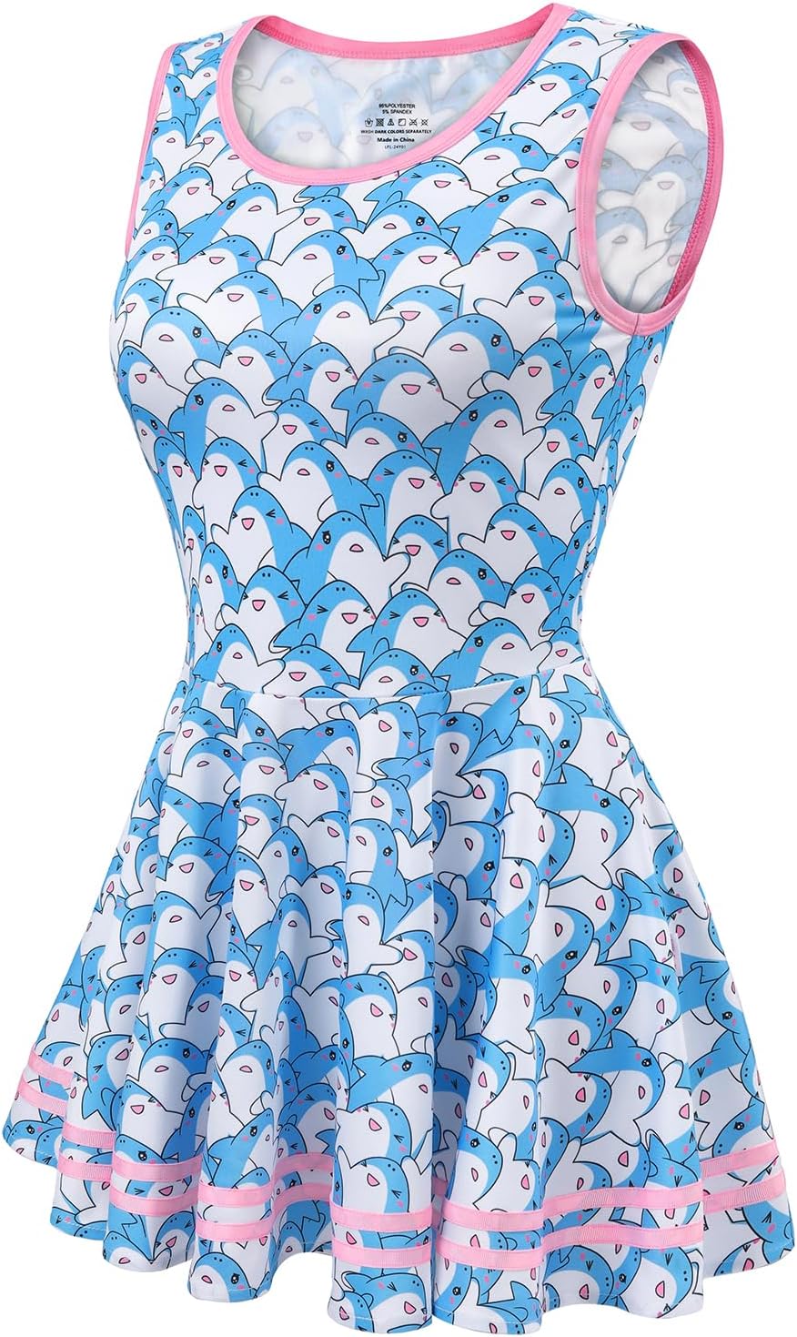 Littleforbig Women Silky Sleeveless Overall Shark Friend Bodycon Mini Dress Skirt