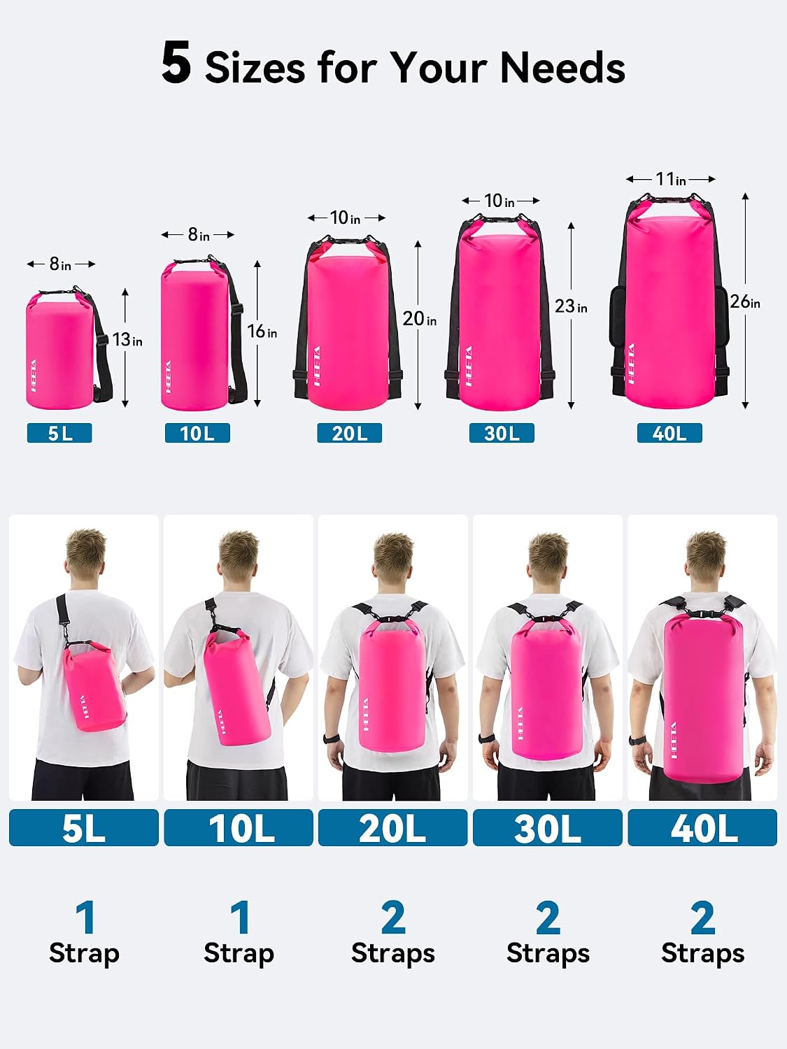 HEETA Waterproof Dry Bag Backpack with Emergency Whistle 5L/10L/20L/30L/40L