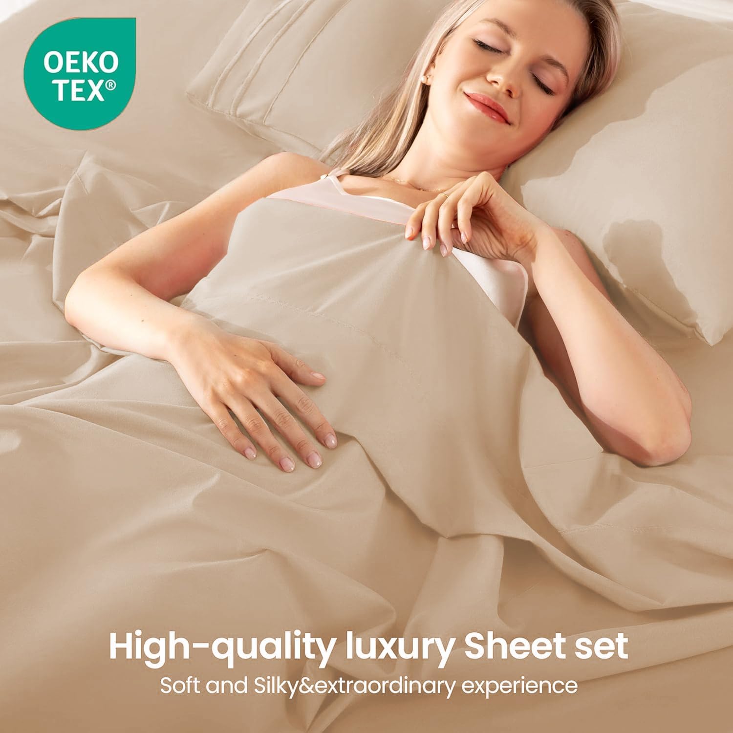 ROSE&RISY Khaki King Sheet Set, 4 Pieces Soft Bedding King Sheet Set, Breathable and Cooling,Includes 1 Fitted Sheet, 1 Flat Sheet, 2 Pillowcases - Deep Pocket (Khaki, King)