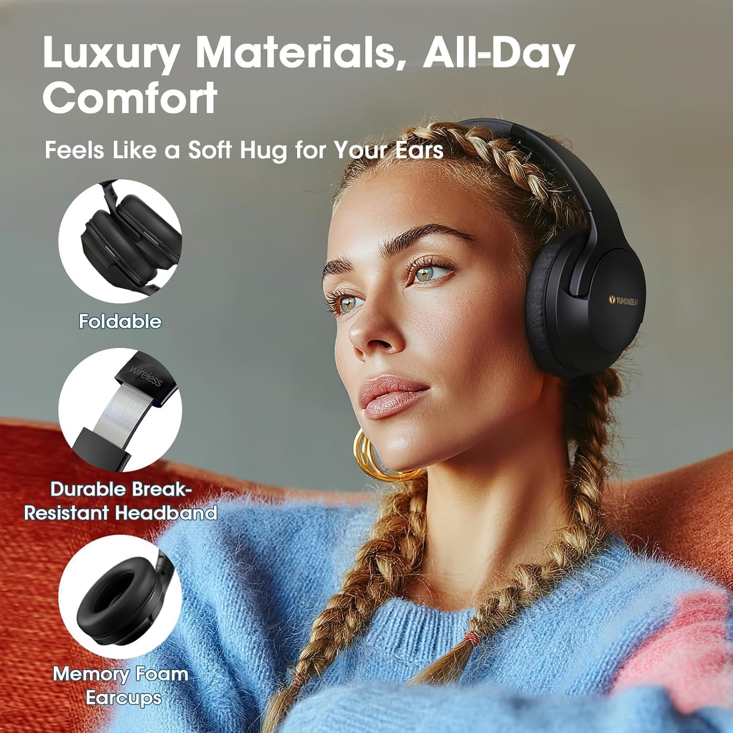 YUMONDEAR Bluetooth Headphones Over Ear, 80H Playtime, HiFi Stereo, 3 EQ
