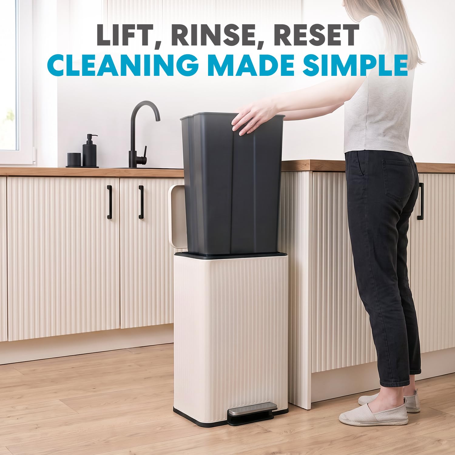 SIMPLI-MAGIC Fluted Kitchen Trash Can, 13 Gallon (50L), Soft-Close Lid, Hands-Free Foot Pedal, Removable Inner Bucket, Cream