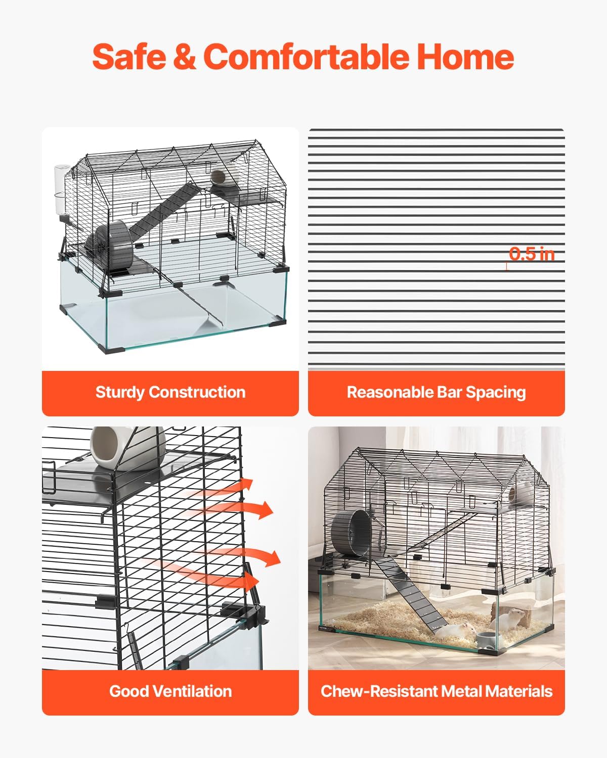 VEVOR Hamster Cage, 360°Viewing Transparent Hamster Habitats, Small Animal Cage, 22.8 x 15 x 21.3 in, Ventilated Pet Mouse Cages with Water Bottle, Portable Hamster House for Rats, Guinea Pigs