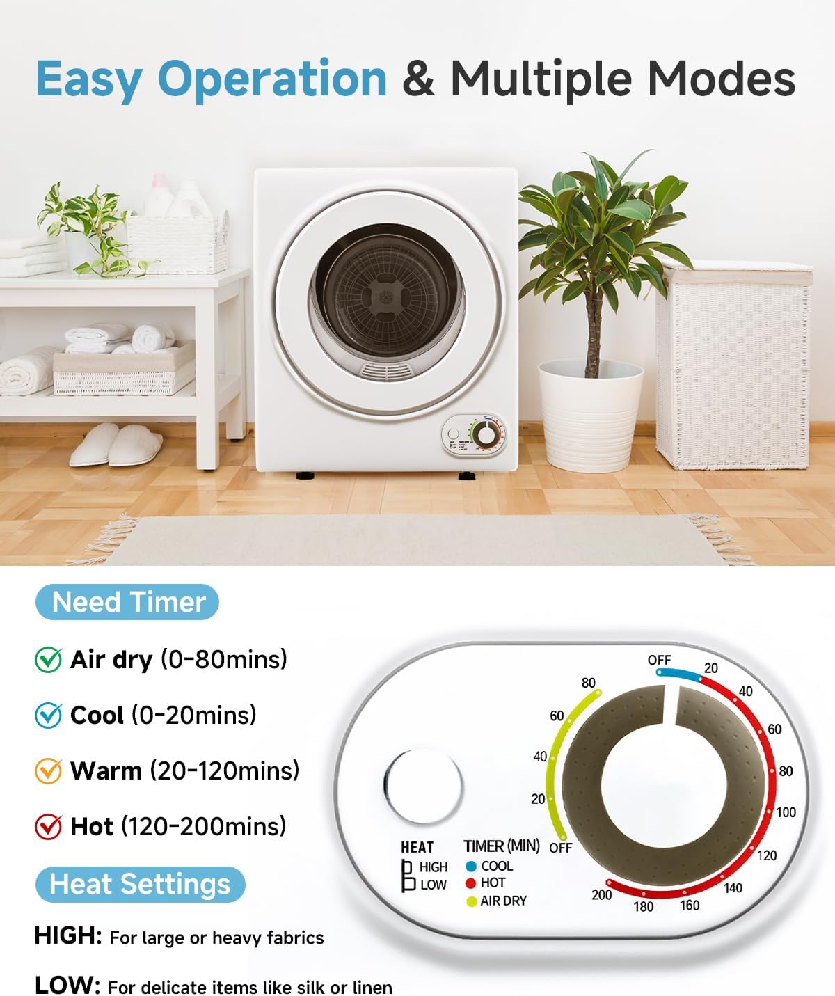 Feelfunn 850W Portable Clothes Dryer with 4 Automatic Drying Modes