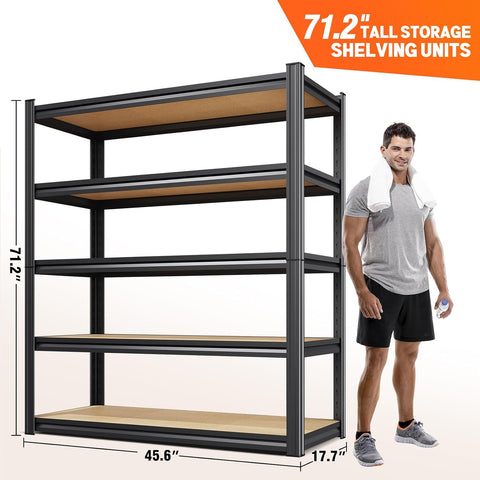 71.2''Heavy Duty Storage Shelves, 5-Tier Garage Shelving,Adjustable Metal Shelving Unit,5T Tall Garage Shelves,Metal Standing Shelf Units, Utility Rack for Kitchen Warehouse Industrial 71.2*45.6*17.7