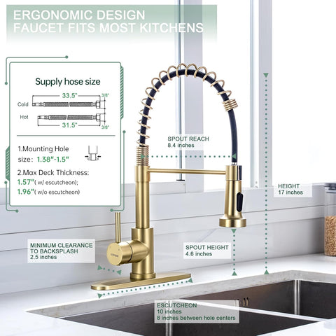 WEWE Pull-Down Kitchen Faucet, 2-Mode Sprayer, Gold, High Arc