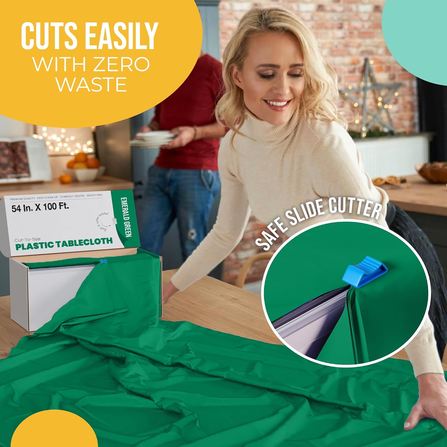 Exquisite Party Solids 54 Inch X 100 Feet Emerald Green Plastic Table Cover Roll in A Cut - to - Size Box with Convenient Slide Cutter. Cuts Up to 12 Rectangle 8 Feet Plastic Disposable Tablecloths
