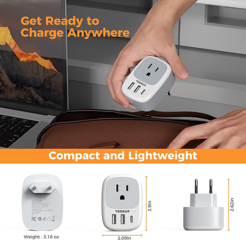TESSAN 3 Pack US to European Travel Plug Adapter with 3 USB Ports (1 USB C)